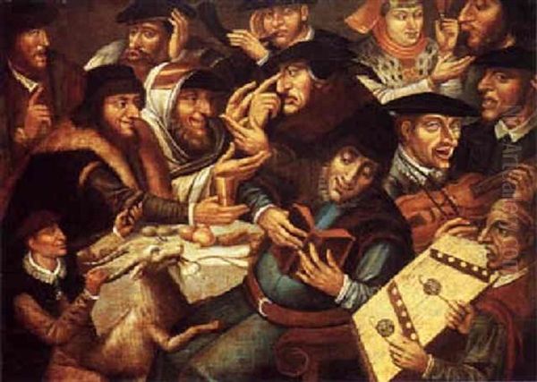 A Jewish Company Eating, Drinking And Making Music Oil Painting by Jan Massys