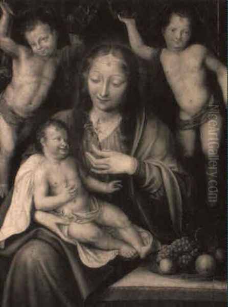 La Vierge A L'enfant Entouree De Deux Anges Oil Painting by Jan Massys