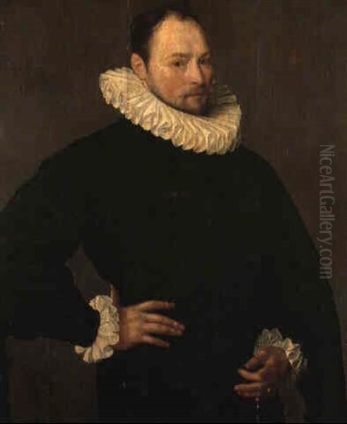 Portrait Of A Gentleman, Aged 33, Wearing A Black Costume With Lace Cuffs Oil Painting by Hermann van der Mast