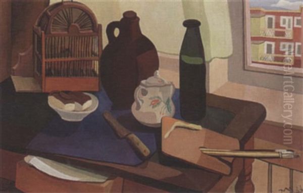 A Still Life With Bottles, Bread And Brushes Oil Painting by Hans Van Mastenbroek