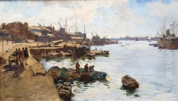 Roeibooten / Rowing Boats In The Rhine Harbour, Rotterdam Oil Painting by Johan Hendrik van Mastenbroek