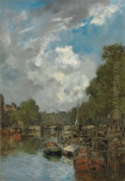 A Busy Canal, Rotterdam Oil Painting by Johan Hendrik van Mastenbroek