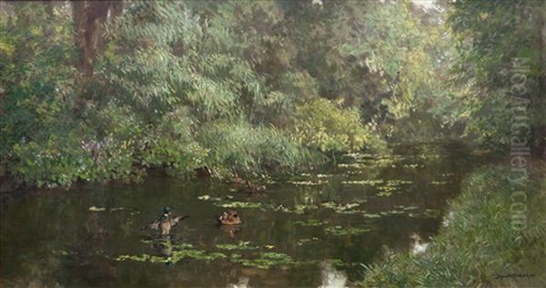 Landscape With Ducks In A Pound Oil Painting by Johan Hendrik van Mastenbroek