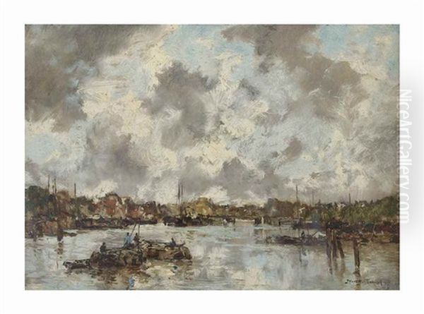 A Cloudy Sky On The River Amstel, Amsterdam Oil Painting by Johan Hendrik van Mastenbroek