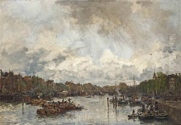 Een Regenbui, Rotterdam: Delfshaven In Rotterdam Oil Painting by Johan Hendrik van Mastenbroek