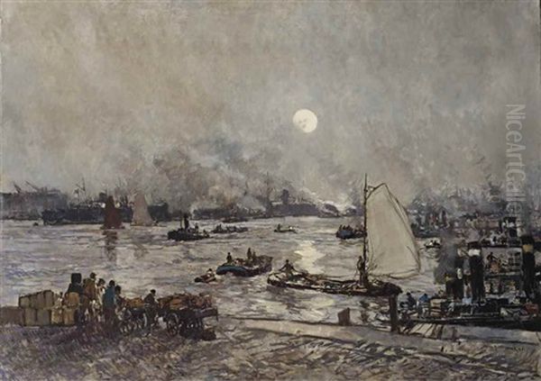 Matin D'hiver Sur La Meuse A Rotterdam; Bij Den Ingang Der Leuvenhaven, Rotterdam Oil Painting by Johan Hendrik van Mastenbroek