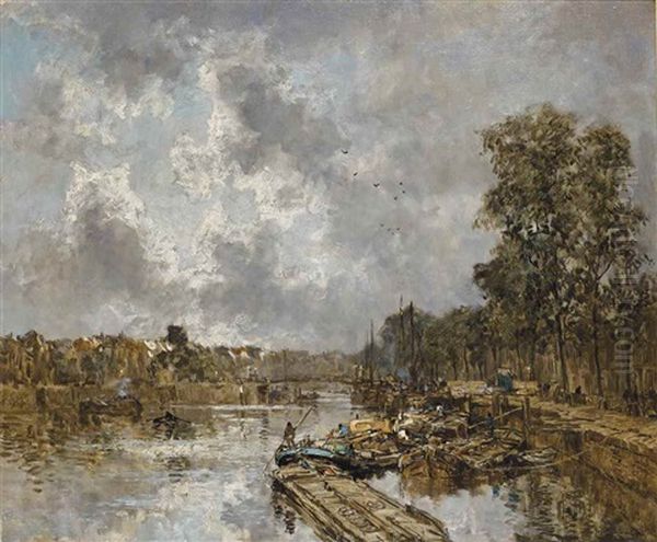 Sun And Clouds (nieuwe Haven Te Rotterdam): A View Of The Nieuwe Haven, Rotterdam Oil Painting by Johan Hendrik van Mastenbroek