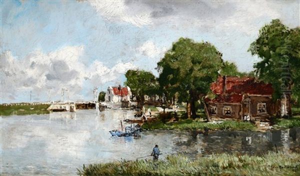 Landschap Met Sluis En Visser Aan De Oever Oil Painting by Johan Hendrik van Mastenbroek