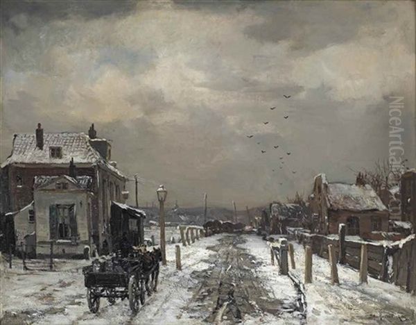 Winter: A Horsedrawn Carriage On A Snowy Path Near A Dutch Town Oil Painting by Johan Hendrik van Mastenbroek