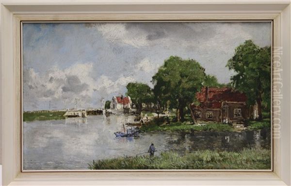 Visser Aan De Rietkraag Bij Een Sluis Oil Painting by Johan Hendrik van Mastenbroek