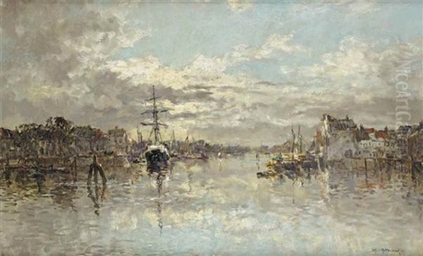 A Tranquil Moring In A Dutch Harbour by Johan Hendrik van Mastenbroek