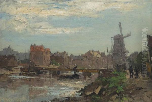 A Town View With A Windmill And A Drawbridge Oil Painting by Johan Hendrik van Mastenbroek