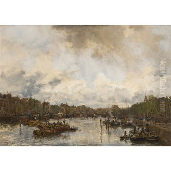 A Dutch Waterway Oil Painting by Johan Hendrik van Mastenbroek