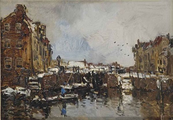 Sluisje Bij Winter; A View Of Schiedam In Winter Oil Painting by Johan Hendrik van Mastenbroek