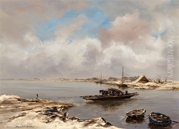 Winters Rivierlandschap Met Overzetveer Oil Painting by Johan Hendrik van Mastenbroek