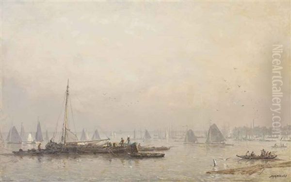 Shipping Activities On The Maas In Morning Haze, Rotterdam Oil Painting by Johan Hendrik van Mastenbroek