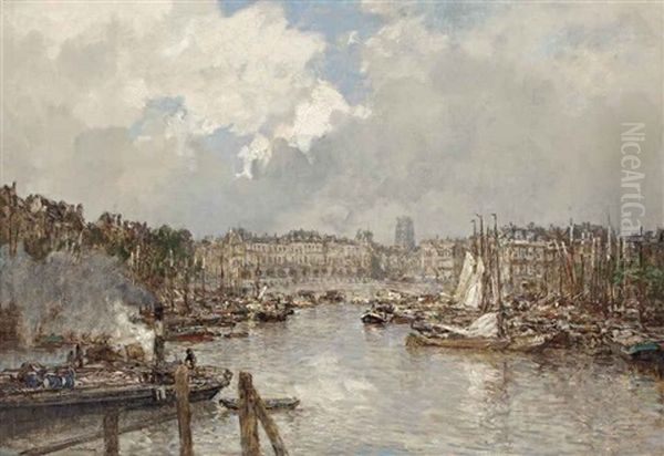 A View Of The Leuvehaven And The Vischmarkt, With The Laurenskerk Beyond, Rotterdam Oil Painting by Johan Hendrik van Mastenbroek