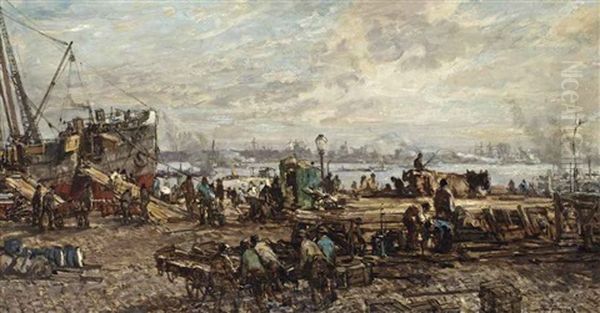 Bij Het Lossen Der Booten: Unloading The Boats In The Harbour Of Rotterdam Oil Painting by Johan Hendrik van Mastenbroek