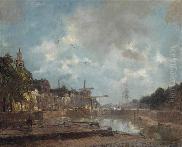 A View Of The Aelbrechtskolk, Delfshaven, Rotterdam Oil Painting by Johan Hendrik van Mastenbroek