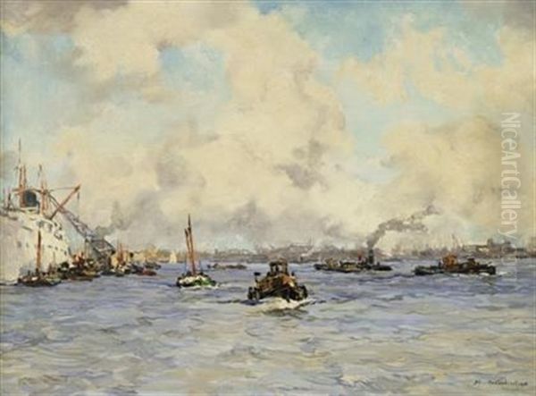 A Busy Harbor Oil Painting by Johan Hendrik van Mastenbroek