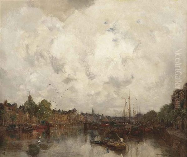 A View Of The Leuvenhaven, Rotterdam Oil Painting by Johan Hendrik van Mastenbroek