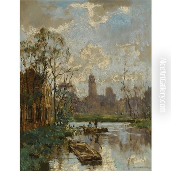 A View Of A Dutch Canal With A Bell Tower In The Background Oil Painting by Johan Hendrik van Mastenbroek