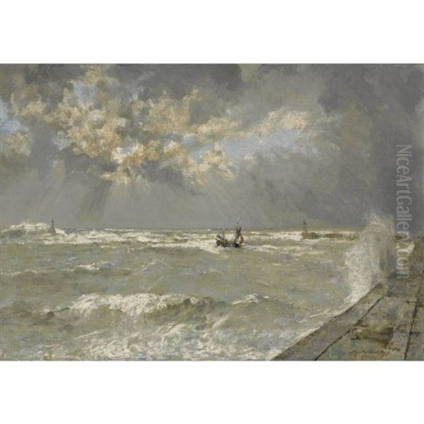 A Lugger In Choppy Waters, Scheveningen Harbour Oil Painting by Johan Hendrik van Mastenbroek