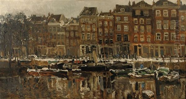 Zuidblaak Te Rotterdam (a View Of The Zuidblaak In Winter, Rotterdam) Oil Painting by Johan Hendrik van Mastenbroek