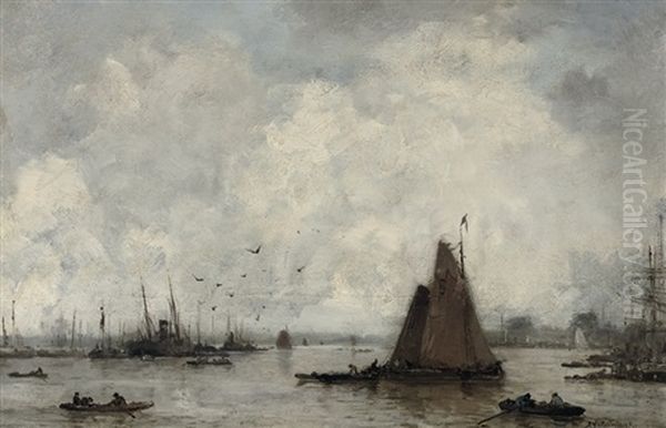 Activity In The Harbour Oil Painting by Johan Hendrik van Mastenbroek