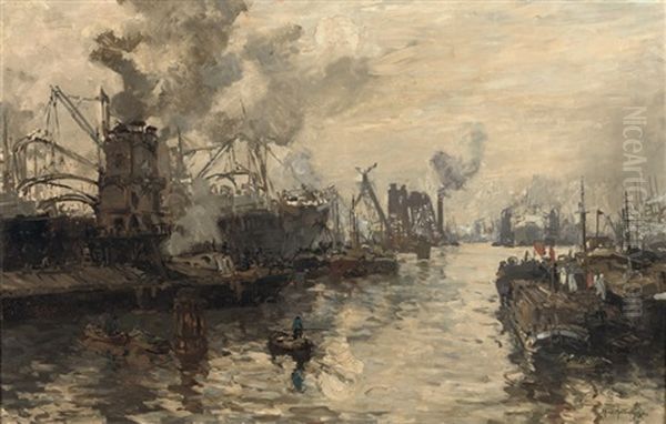 Graan Elevators Aan Het Werk, The Busy Rijnhaven, Rotterdam Oil Painting by Johan Hendrik van Mastenbroek