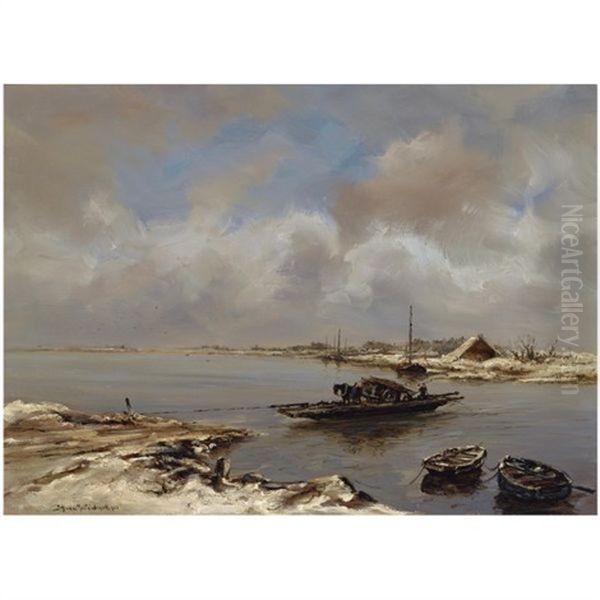 Le Bac (the Ferry) Oil Painting by Johan Hendrik van Mastenbroek