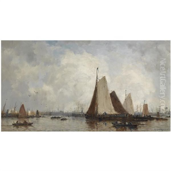 Bateaux Sur La Meuse Devant Rotterdam (shipping On The Maas, Rotterdam) Oil Painting by Johan Hendrik van Mastenbroek