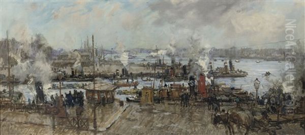 La Meuse Devant Rotterdam: A Busy Day At The Leuvehaven, Rotterdam Oil Painting by Johan Hendrik van Mastenbroek