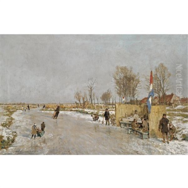 Ijsvreugde Op Holland's Vaarten (winter Fun On A Dutch Canal) Oil Painting by Johan Hendrik van Mastenbroek