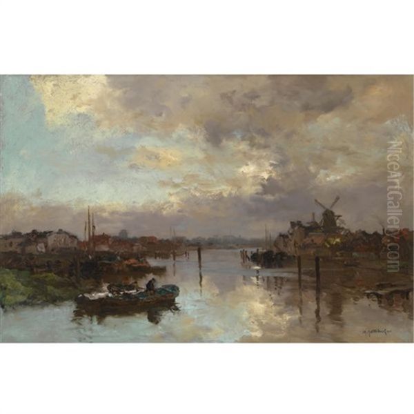 Sunset, Rotterdam Oil Painting by Johan Hendrik van Mastenbroek