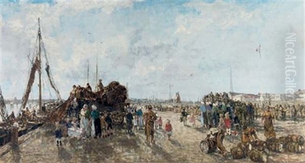 Als De Loggers Binnenkomen - A Busy Day On The Quay, Scheveningen Oil Painting by Johan Hendrik van Mastenbroek