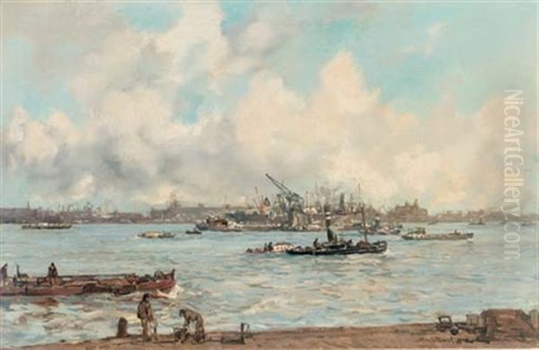 De Maas Bij Den Willemskade - A Busy Day On The River, Rotterdam Oil Painting by Johan Hendrik van Mastenbroek