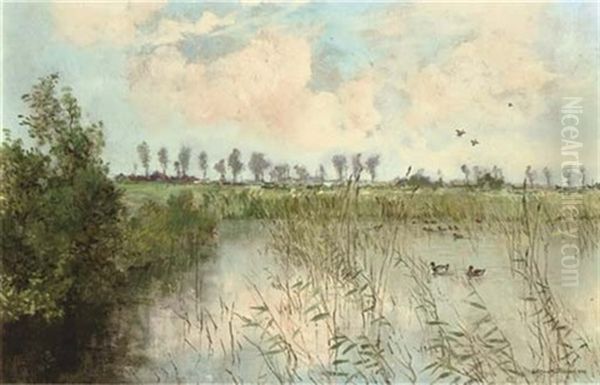 Een Idyllisch Plekje: Ducks On A Lake Oil Painting by Johan Hendrik van Mastenbroek