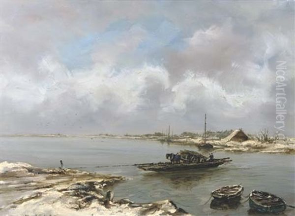 Le Bac: Crossing The River In Winter Oil Painting by Johan Hendrik van Mastenbroek