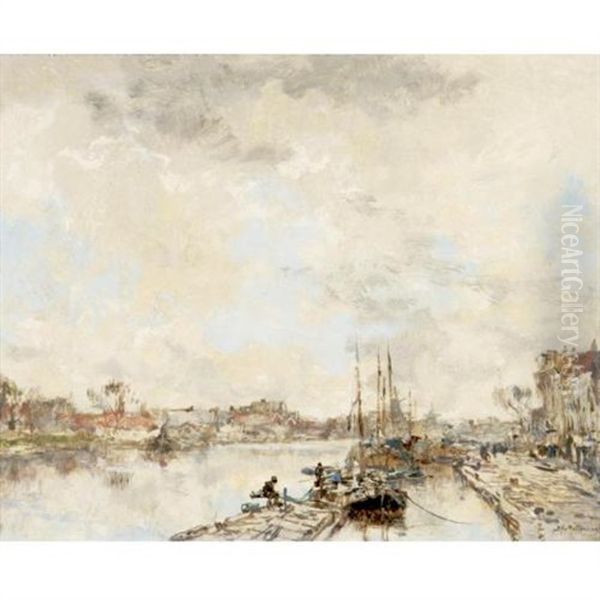 Barges On The River Oil Painting by Johan Hendrik van Mastenbroek