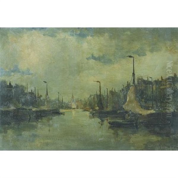 A View Of A Canal With Boats Moored Along The Quay Oil Painting by Johan Hendrik van Mastenbroek