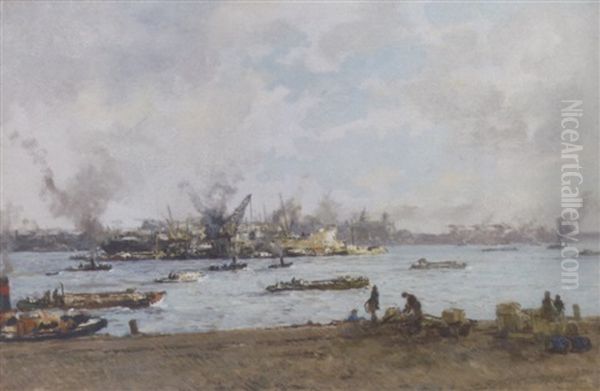 De Mass Bij De Willemskade: Maas River, Rotterdam Oil Painting by Johan Hendrik van Mastenbroek