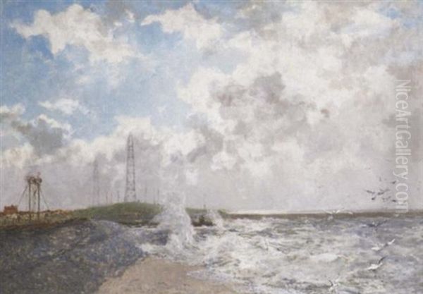 A View Of The Semafoor (seinhuis), Scheveningen, With The Masts Of Scheveningen Radio In The Background Oil Painting by Johan Hendrik van Mastenbroek