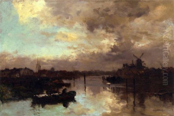 A Rotterdam Sunset Oil Painting by Johan Hendrik van Mastenbroek