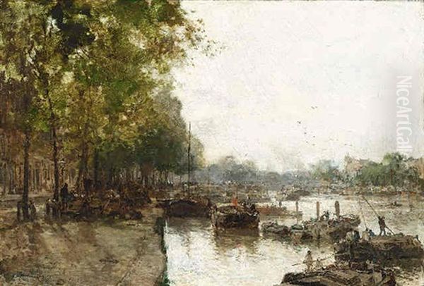 A View Of The Leuvehaven, Rotterdam Oil Painting by Johan Hendrik van Mastenbroek