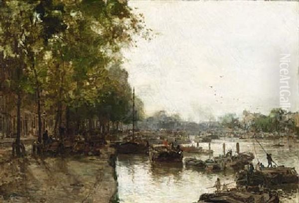 A View Of The Leuvehaven, Rotterdam Oil Painting by Johan Hendrik van Mastenbroek