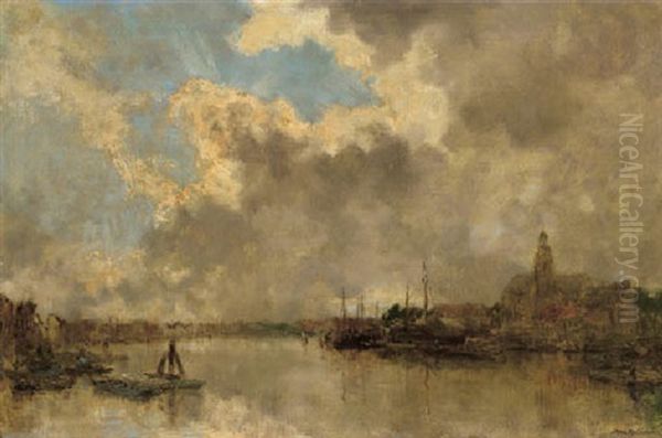 Dreigende Wolken: A Town By A River Oil Painting by Johan Hendrik van Mastenbroek