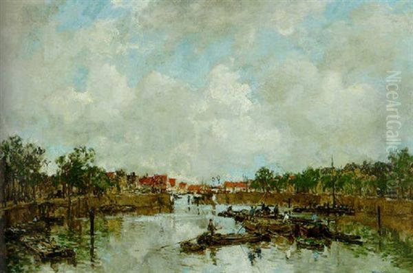 Canal With Barges Oil Painting by Johan Hendrik van Mastenbroek