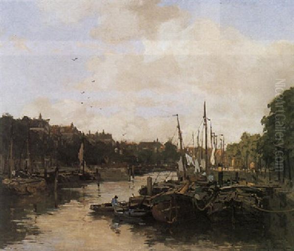 A Harbourscene Oil Painting by Johan Hendrik van Mastenbroek