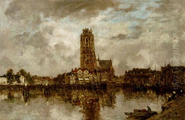 A View Of Dordrecht With The Grote Kerk Oil Painting by Johan Hendrik van Mastenbroek